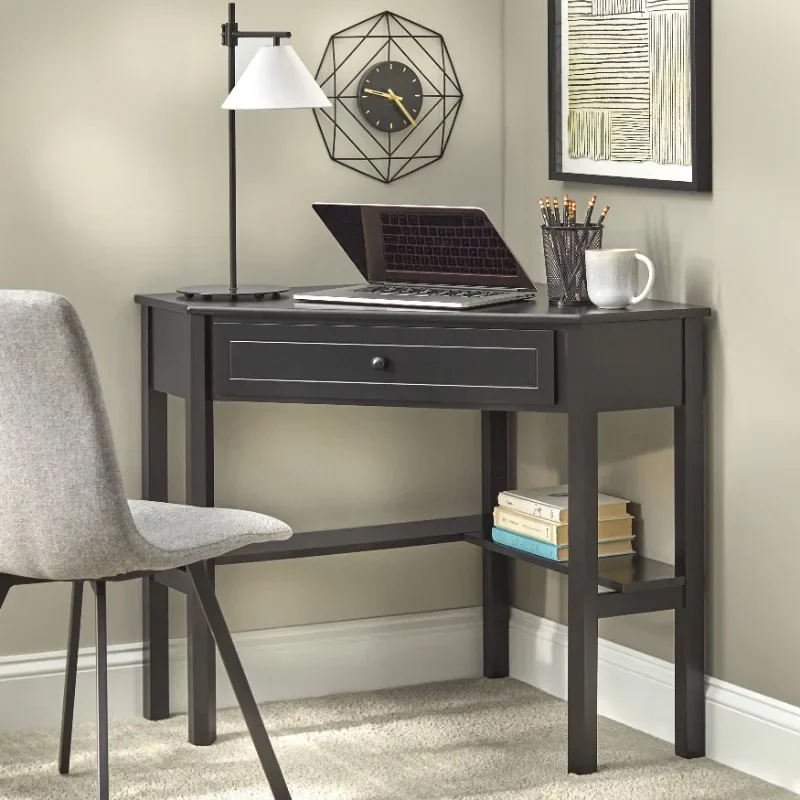 

Corner Writing Desk with Pull-out Drawer and Shelf, Black