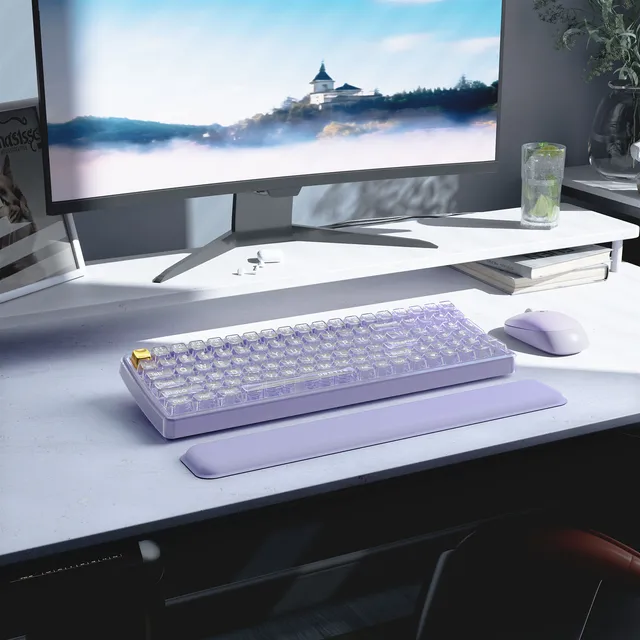 신비로운 보라색과 투명한 디자인이 돋보이는 UBOTIE 무선 키보드와 마우스 세트