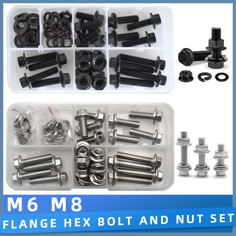 M6 M8 304 Stainless Steel /10.9 Flange Hex Bolts and Nut Set Metric Thread Hexagon Screw with Flat & Lock Washers Assortment Kit