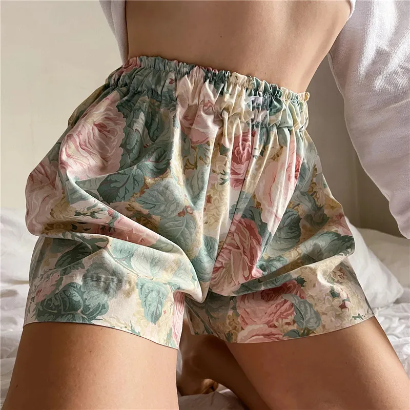 Women's Summer Casual Sleep Bottoms Elastic Waistband Floral Wide Leg Harajuku Girly Fairycore Beach Shorts Pijama Sleepwear_ecoleips.com