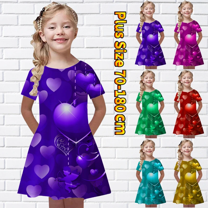 

Летняя Свободная юбка для маленькой девочки в стиле ретро, юбка с круглым вырезом и принтом сердечек, юбка с коротким рукавом, Повседневная модная Юбка До Колена