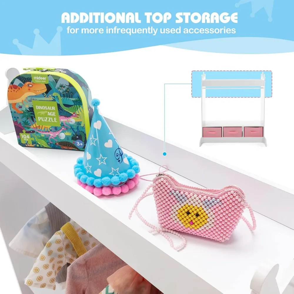Kids Dress Up Storage with Mirror and Drawers, Kid Armoire Dresser, Pretend Storage Closet for Kids, Costume Wardrobe W/Side 6