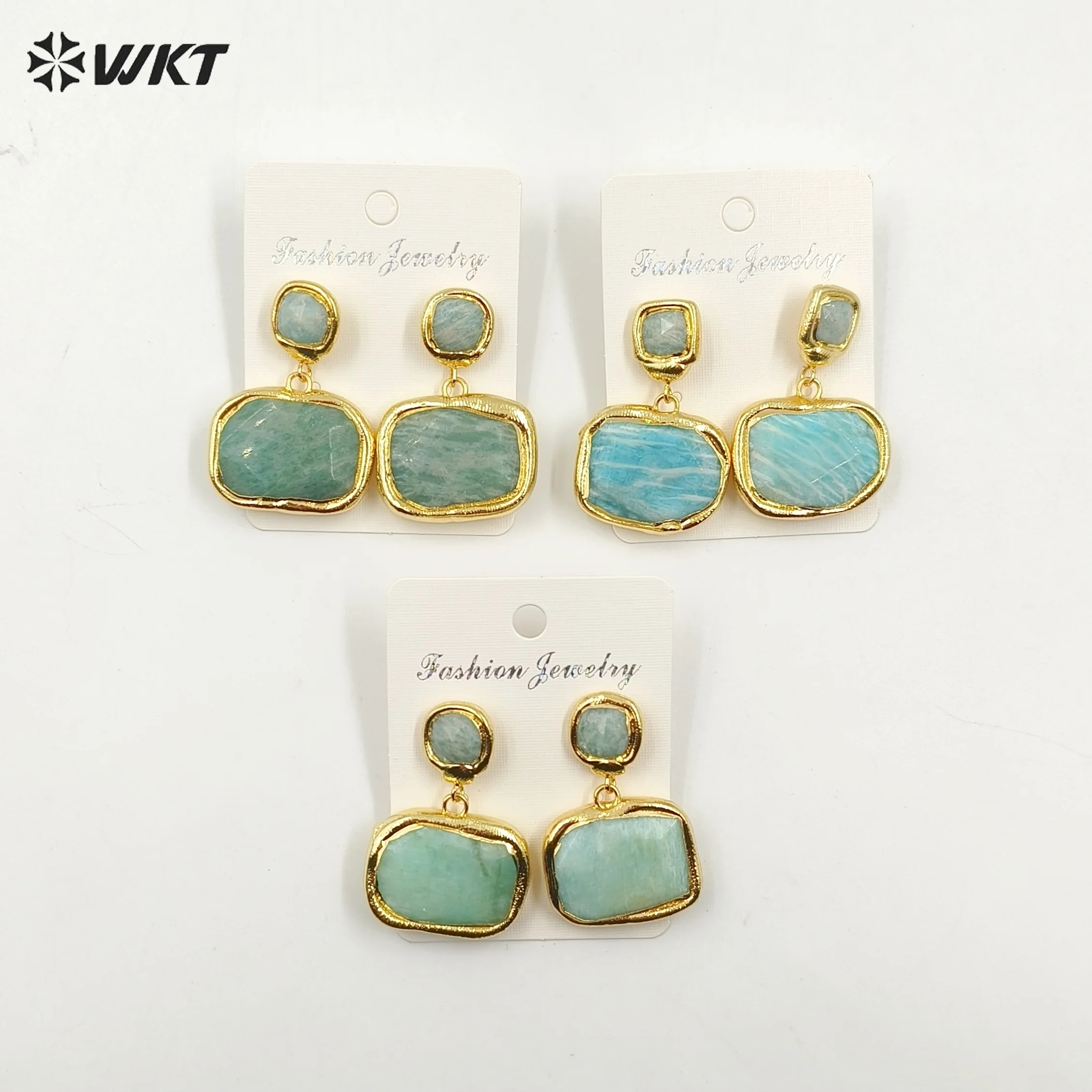 

WT-E753 New Classic Natural Amozonite Stone Randomly Colored With 18k Gold Plating Square Shape Earring For Women Decorated