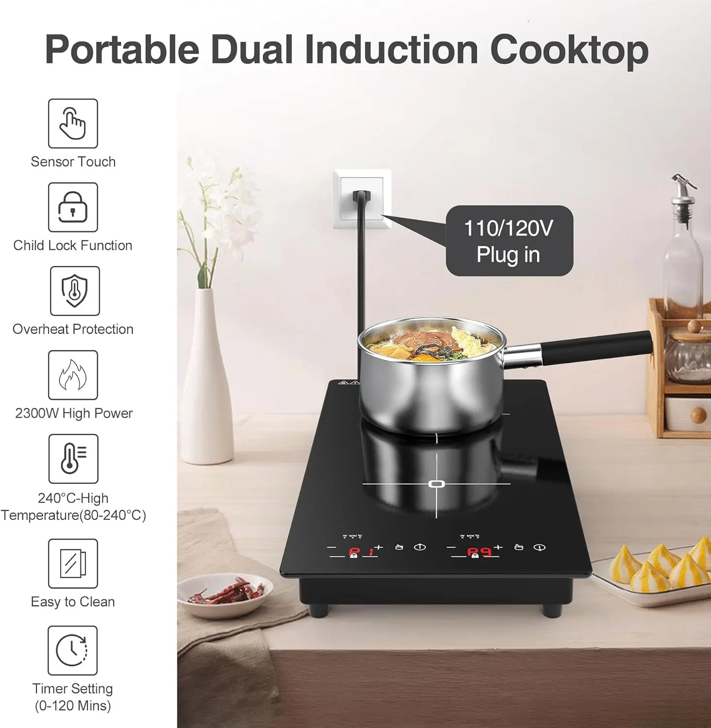 Double Induction Cooktop, 2300W 110V Portable Induction Cooktop with LED Touch Screen 9 Levels Settings,Electric cooktop with