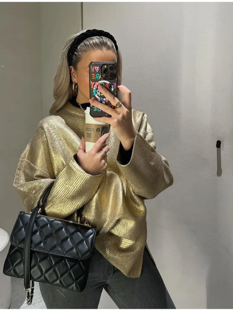 

Loose Gold O Neck Knitted Pullover Women Elegant Shinny Long Sleeve Short Sweaters 2023 Autumn Female Casual Street Knit Jumpers
