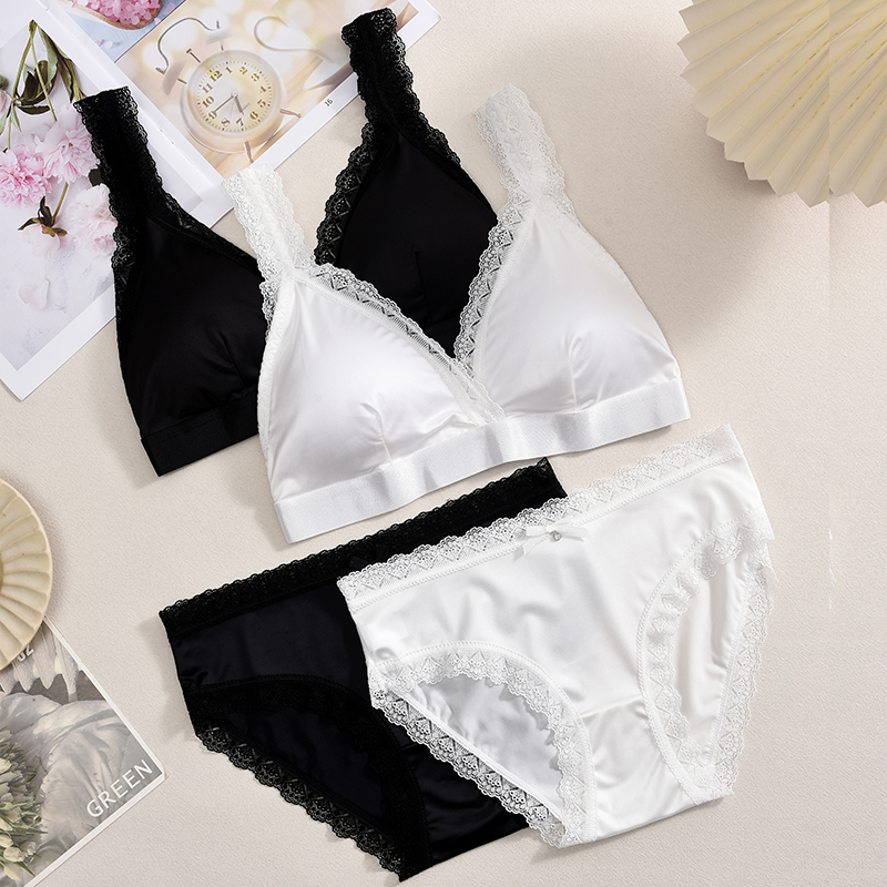 FINETOO 2Pcs Ice Silk Bra Set Women's Underwear Sets Breathable Triangle Panties Set Summer Thin Sexy Briefs Set Lace Sexy Sets