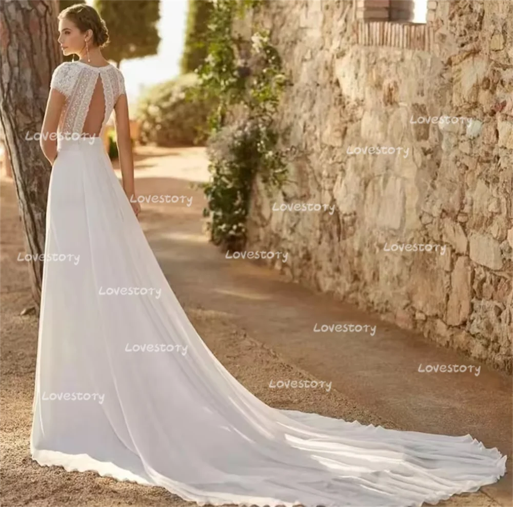 Ivory Lace Satin Modern Wedding Dresses With Detachable Train V-Neck Cap Sleeves Bride Gowns Plus Size Cut-Out Vestidos De Noiva wedding dresses