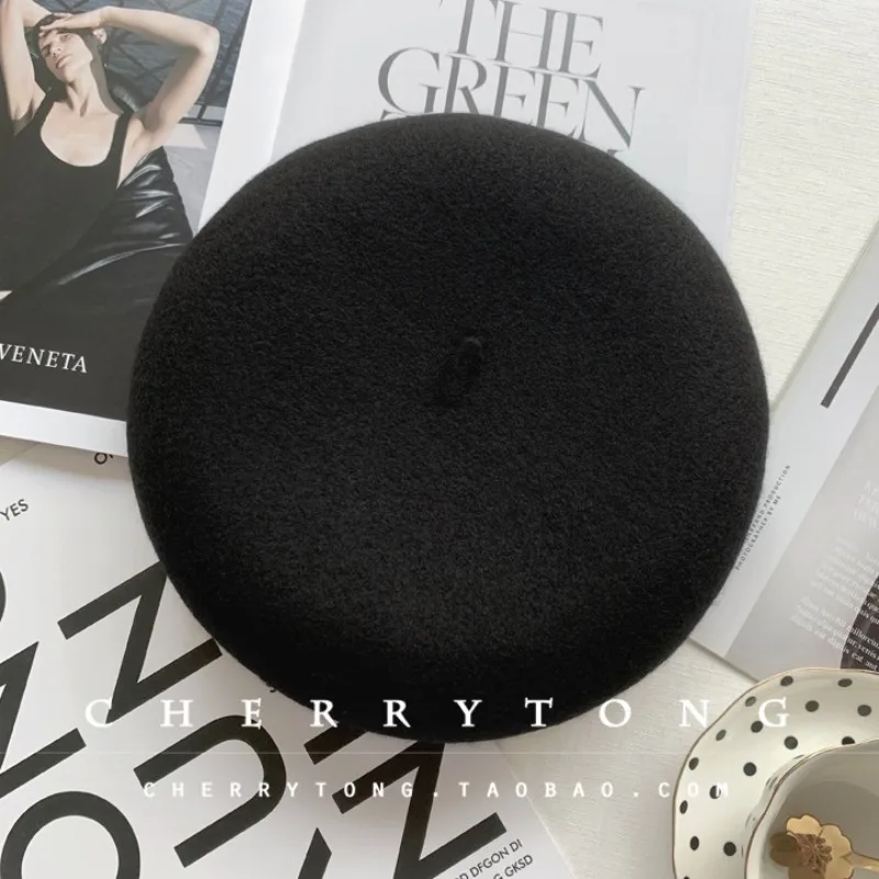 Autumn and Winter Milk White Woolen Three Dimensional Beret British Retro Dark Gray Painters Hat Han Beilei Hat Womens Black