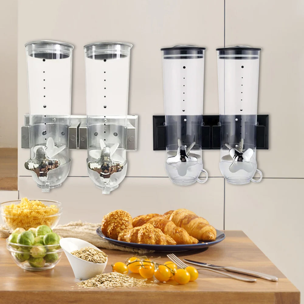 

Wall Mount Food Dispensers, Double Dry Dispenser, Convenient Storage, Dual Control for Cereal Nuts, Coffee Beans Mix, 2 Packs
