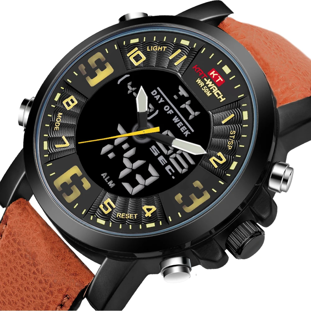 KAT-WACH Men Watches Fashion Military Watch Leather Chronograph Waterproof Wristwatch Quartz Clock Original Sports Watches Men