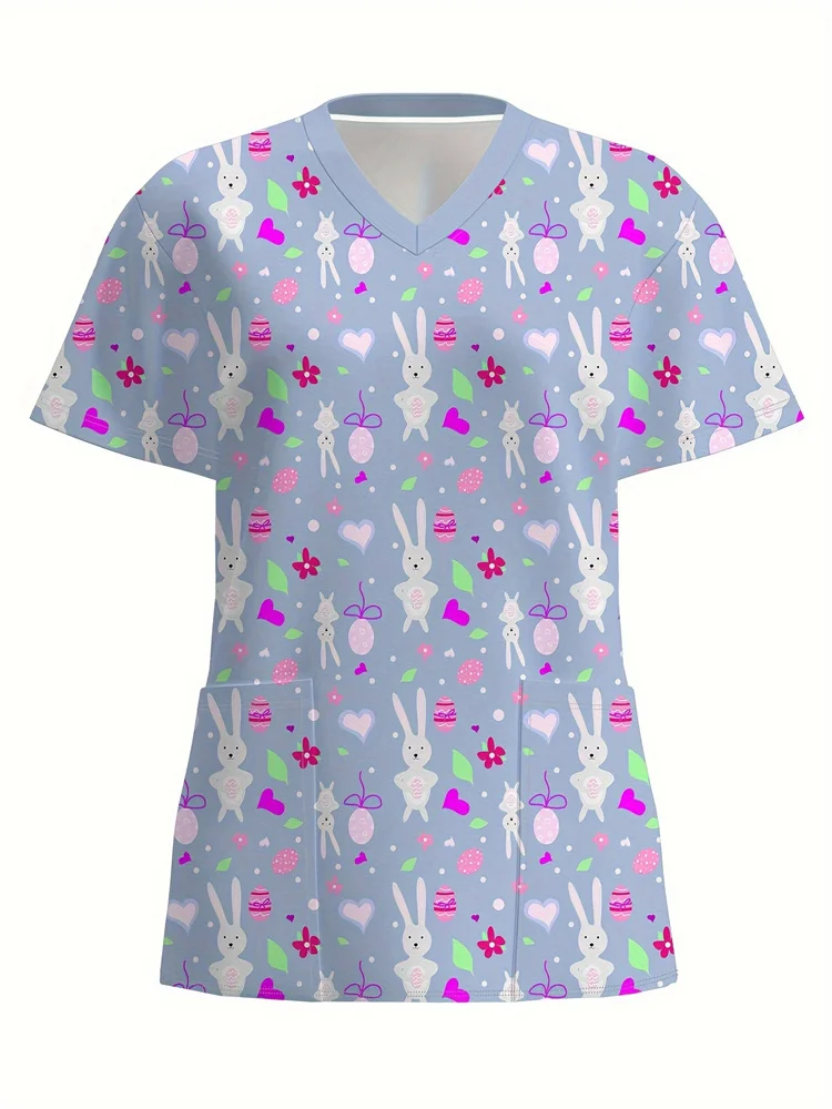 

Scrubs Medical Uniforms Woman Simple Floral Print Dental Spas Uniform for Nurses V Neck Short Sleeve Medical Uniform for Women