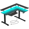 L-shaped Standing Desk with LED Lights and Power Outlets, Dual Motor Height Adjustable, Monitor Stand and Keyboard Tray 1