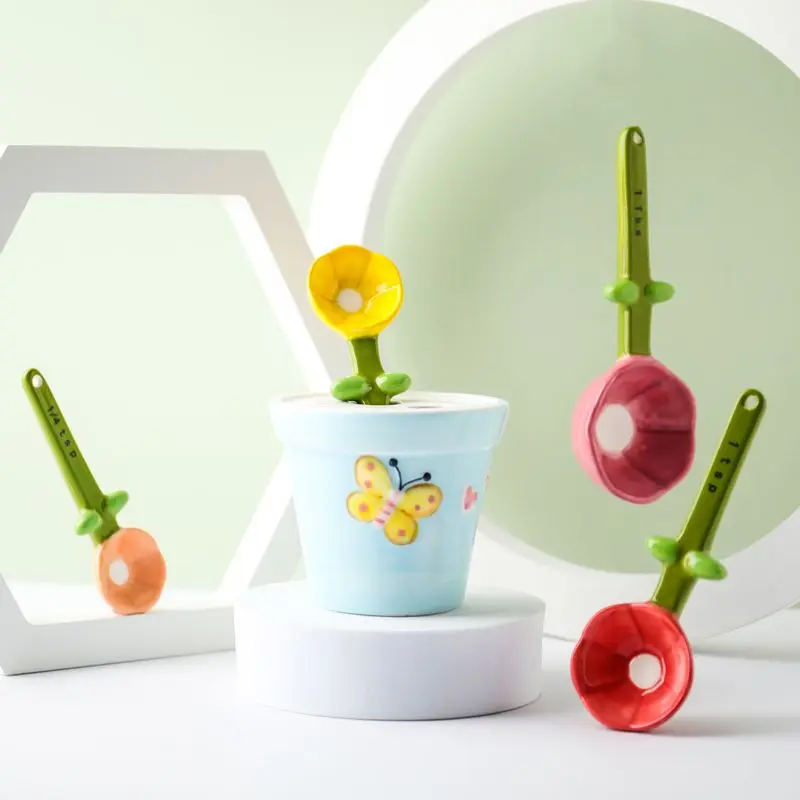 4Pcs Flower Measuring Spoons Set Cute Ceramic Dining Table Set Dinnerware  Cup Base Decorative Flower Pot Cutlery Kitchen Gadgets - AliExpress