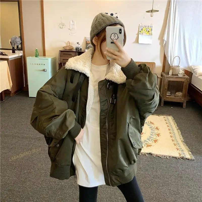2022 Parker cotton clothes women's fashion winter new work clothes military green lamb Plush coat motorcycle suit pilot jacket army tactical fingerless glove military hard rubber half finger gloves airsoft paintball bicycle shooting work mittens men gear