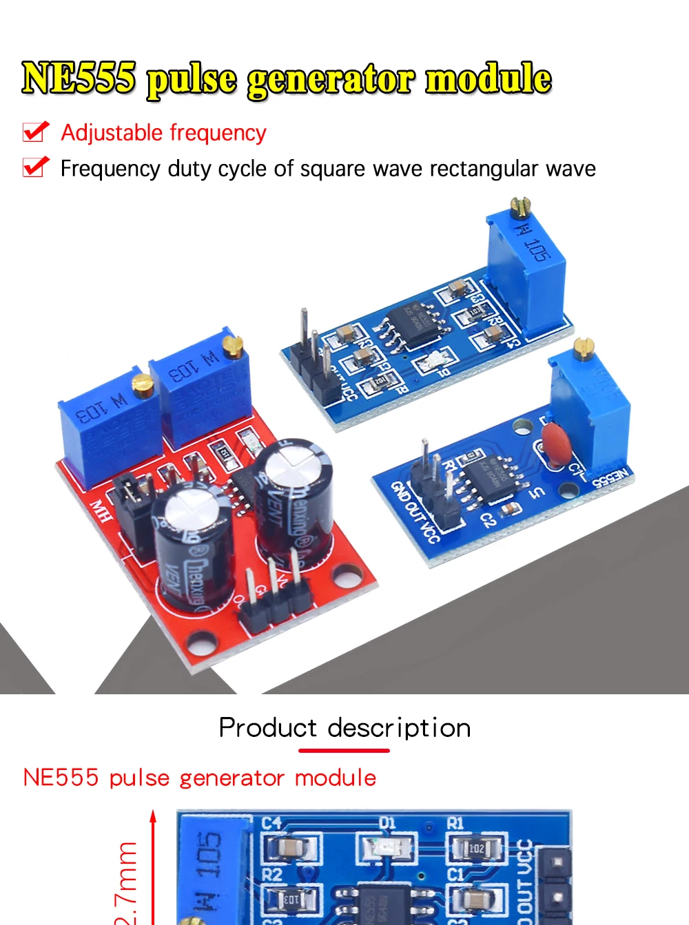 1pcs 50Hz～6kHz NE555 Square Wave Output Module Oscillator Pulse Generator 5V 15V 