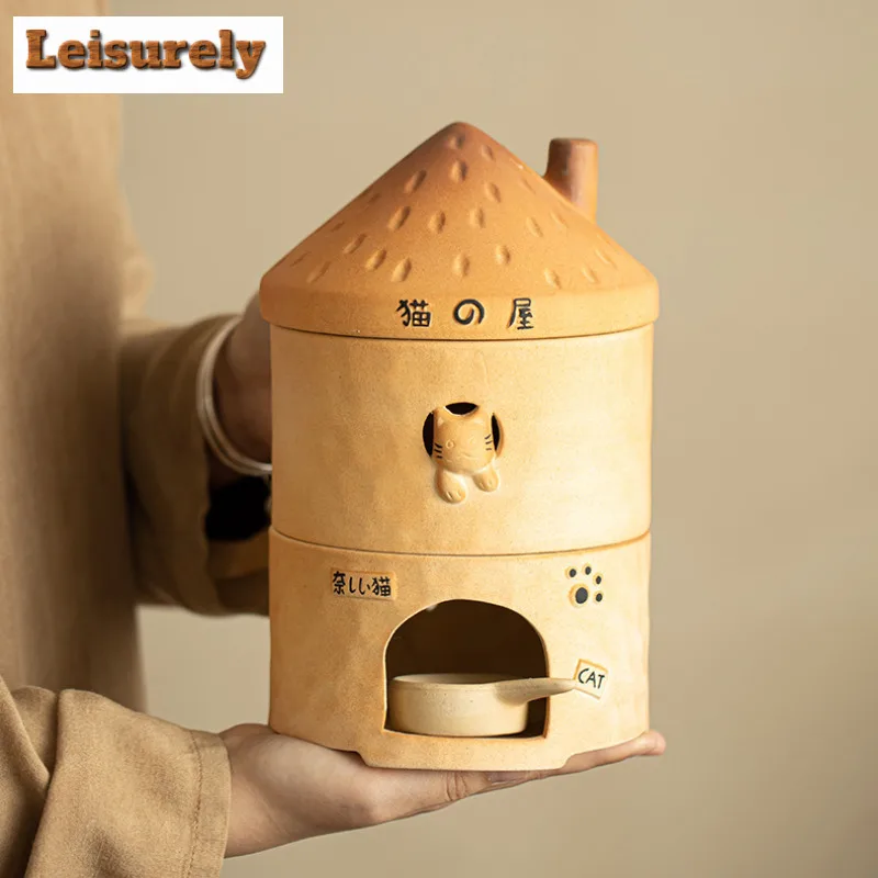 Cute Cat House Warm Tea Stove Charcoal Ceramic Candle Furnace Insulation Heating Base Boiling Water Kettle BBQ Holder Teaware