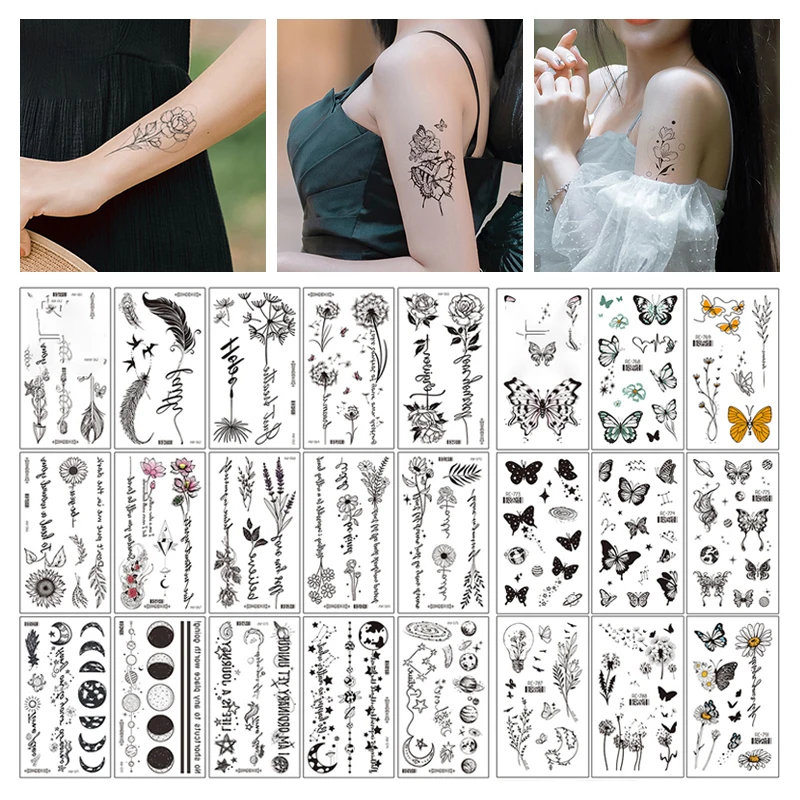 Waterproof Temporary Tattoo Stickers Black Butterfly Rose Transfer Flash Tatoo Women Sexy Neck Hand Chest Body Art Fake Tattoos