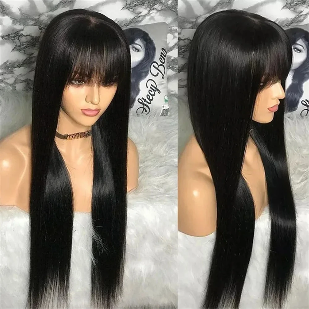 Straight Human Hair Wigs with Bangs 150% Density Machine Made Brazilian Virgin Human Hair Wigs for Black Women Natural Color