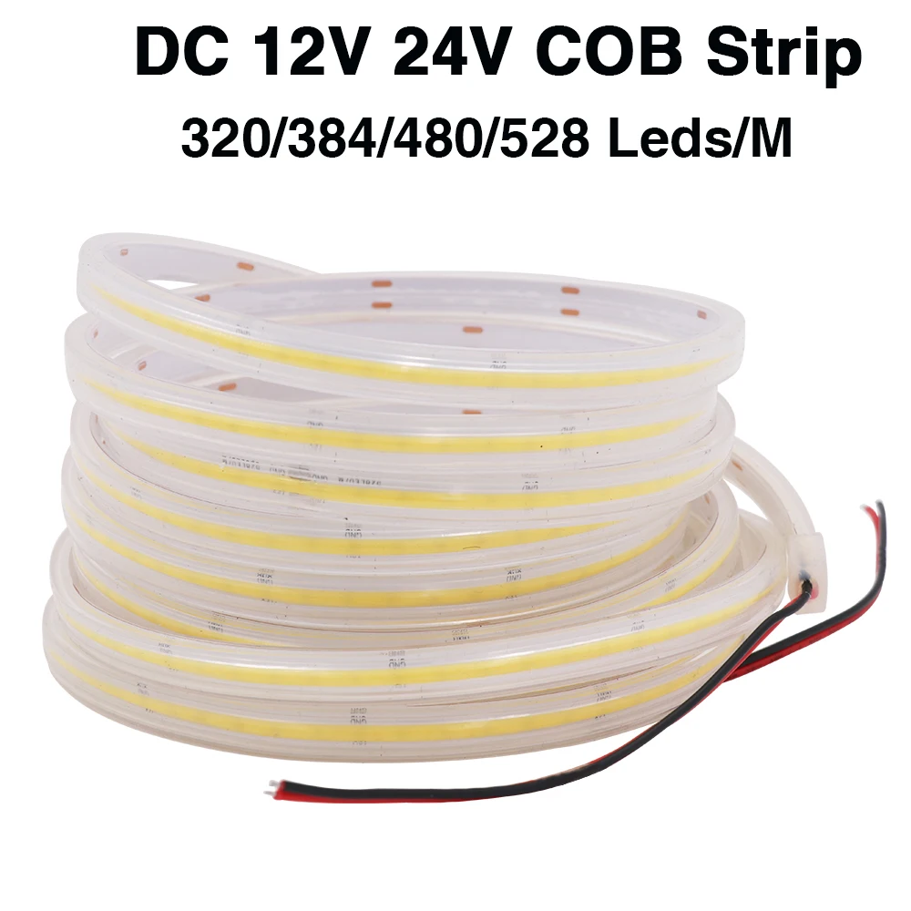 

COB Strip 12V 24V 528 480 384 320Leds/M Waterproof 3000K 4000K 6000K Red Pink Ice Blue Yellow Flexible Ribbon Rope FOB LED Light