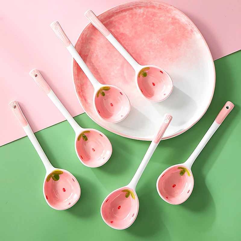 

1Pc Cute Strawberry Ceramic Soup Spoon Ice Cream Hand Painted Coffee Dessert Long Handle Spoon Kitchen Tableware Accessories