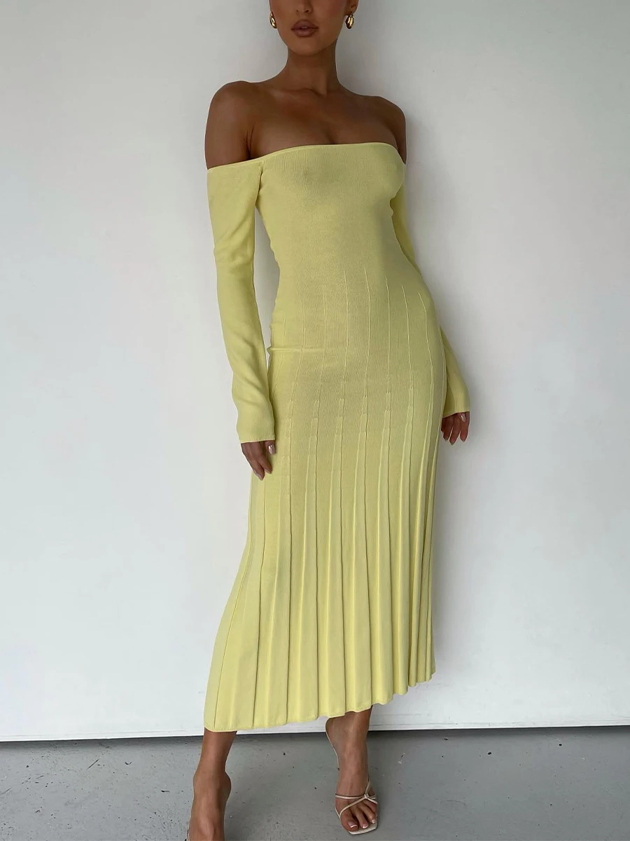 

Women Sexy Off-Shoulder Knitted Maxi Dress Solid Color Long Sleeve Backless Pleated Jacquard Hem Slim Midi Dress Party Clubwear