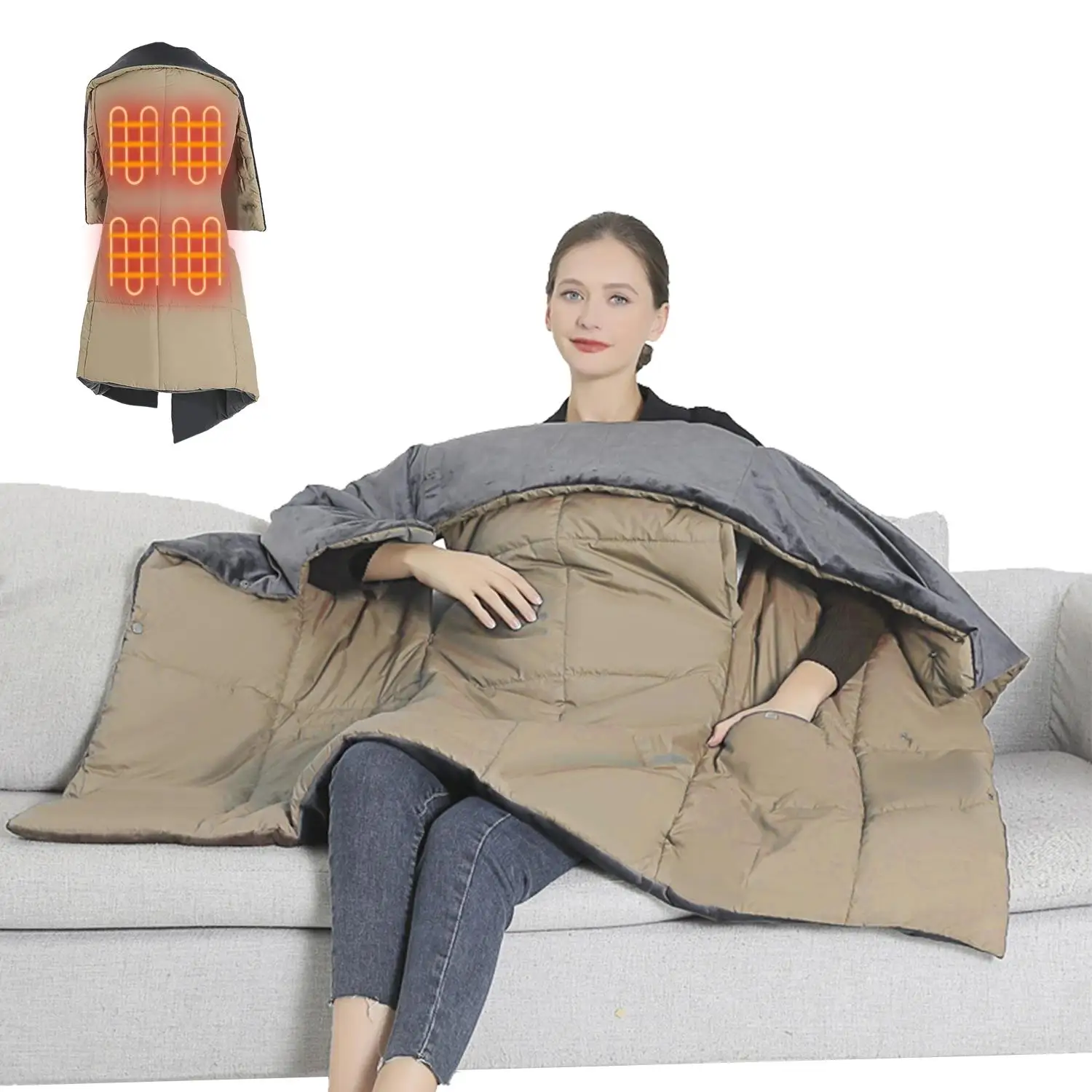USB Heated Blanket Poncho with Zipper, Arm Pockets, 3 Heat Settings, 6 Zones, Dual Switch-Washable for home & Travel