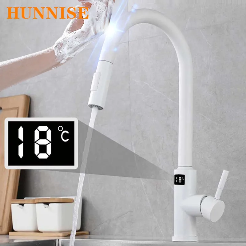 White Digital Kitchen Faucet LED Screen Hot Cold Touch Kitchen Mixer Tap Smart Pull Out Sensor Touch Digital Kitchen Faucets