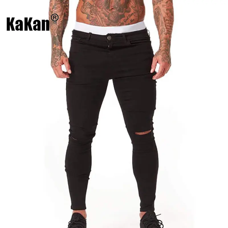 Kakan - European and American New Tight Feet Elastic Perforated Jeans for Men, Dark Blue Black Wash Jeans K40-5113