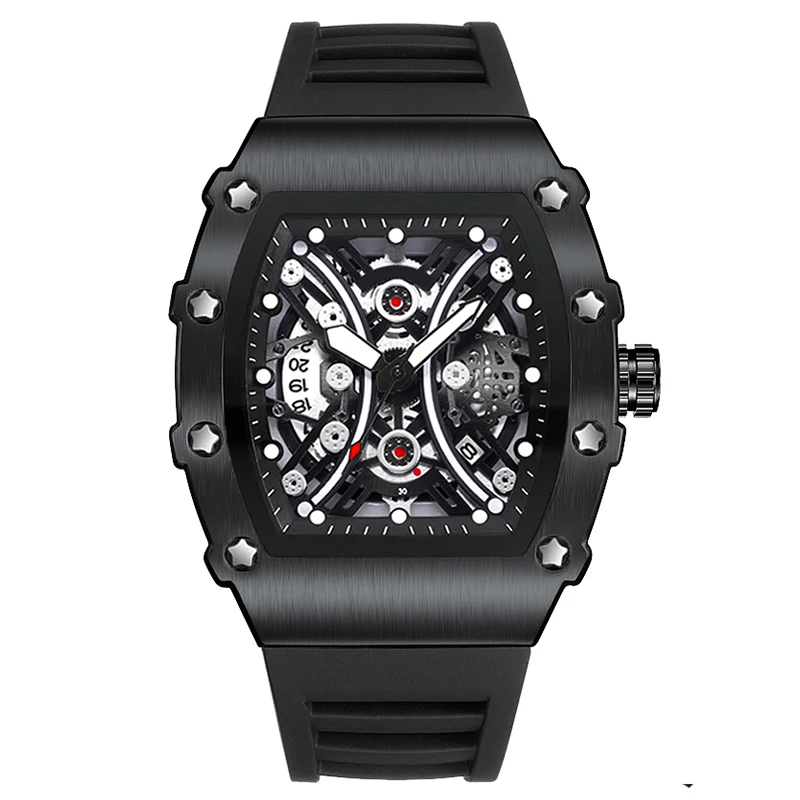 

Top Brand Sport Watch For Men Luxury Tonneau Mille Wristwatch Fashion Black Rubber Strap Skeleton Automatic Date Male Clock Gift