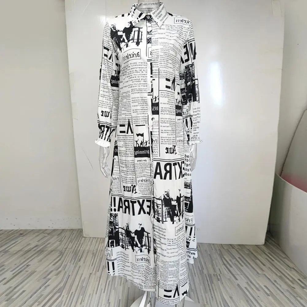 

Fashionable sexy shirt long sleeve long skirt dress, lapel collar, retro print, very versatile