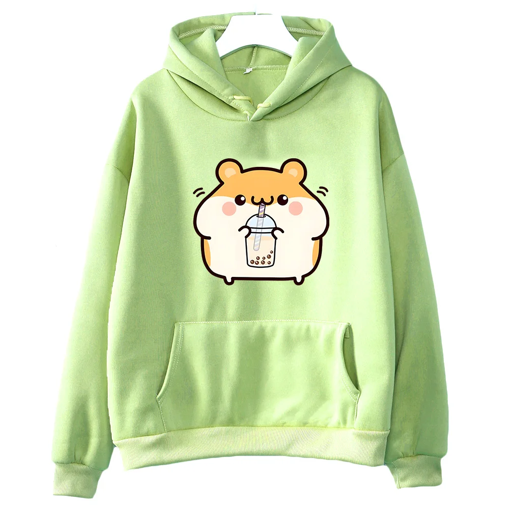 Cute Boba Tea Hamster Graphic Fleece Hoodie – Unisex Casual Winter Sweatshirt