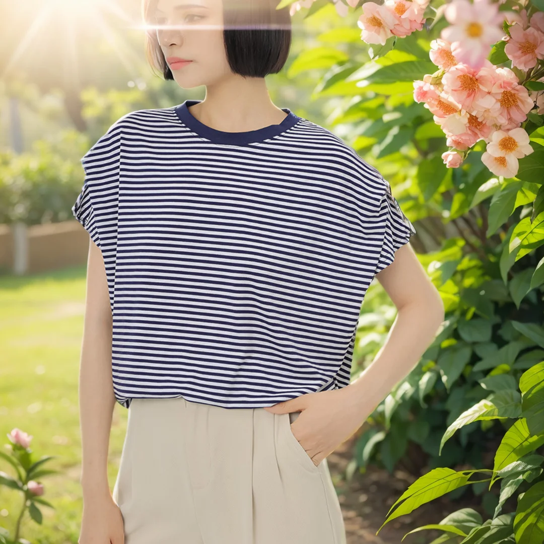 

Fashion Stripe Korean Style TShirt For Women Long Shirts Graphic Kawaii Neck Clothes Plus Size Tops Casual O-Neck Cotton Shirt