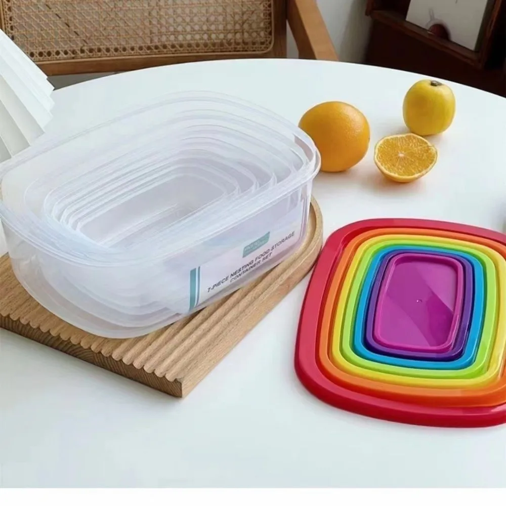 7Pcs Rectangular Food Storage Bowl Plastic with Lids Freshing Box Rainbow Food Preservation Food Sealed Box Refrigerator Storage