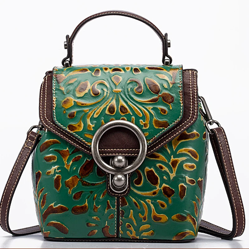 Embossed Genuine Leather Backpack Knapsack Cross body Bags Female Small Daypack Retro Women Shoulder Bag Design Rucksack 2