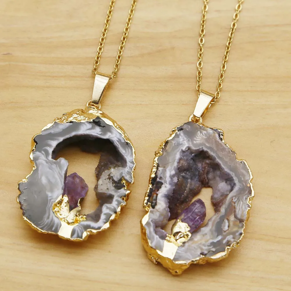 New Natural Stone Agate Druzy Amethyst Necklace Irregular Onyx Quartz Crystal Pendant Fashion DIY Jewelry Making Accessories4Pcs