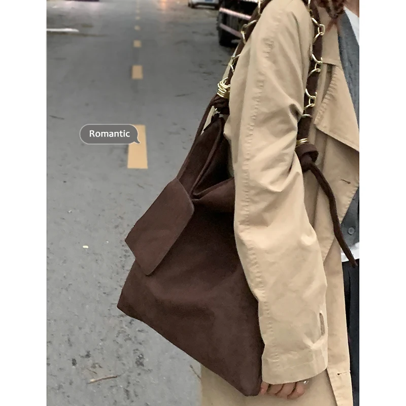 Retro Frosted Bucket Bag For Women Trendy Large Capacity Suede One Shoulder Bags Korean Style Commuting Brown Crossbody Pack