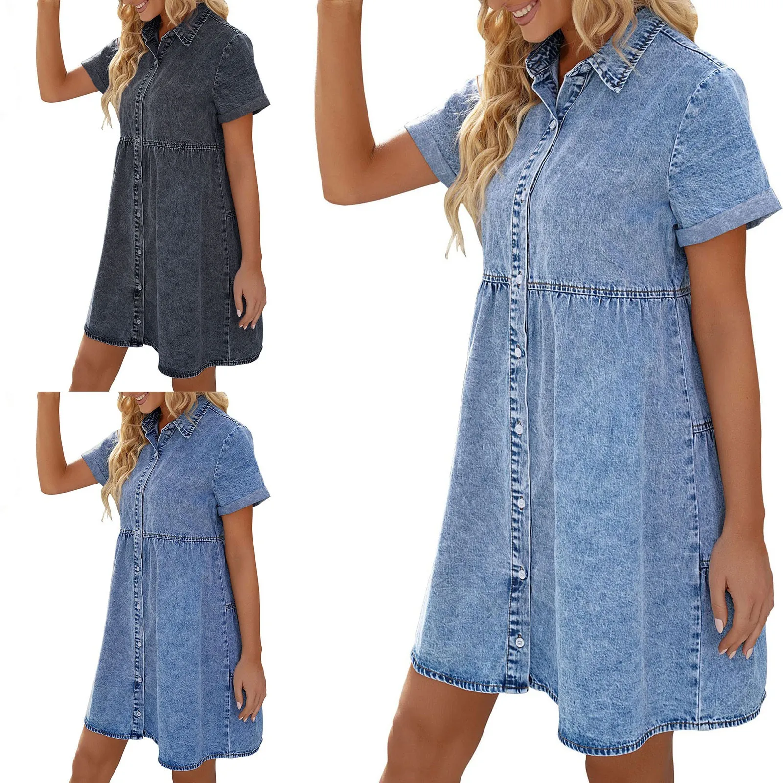

Women'S Short Sleeve Button Down Flowy Tiered Denim Dress Short Sleeved Dress Mid Dress Juniors Maxi Sundresses Dresses Short
