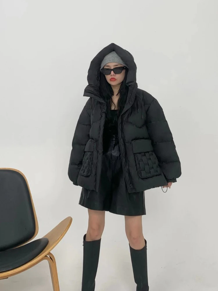 Korean style Pockets Hooded puffer jacket Women Oversized 2023 Autumn winter Fashion Long lantern sleeve down coat INKEO 3O083