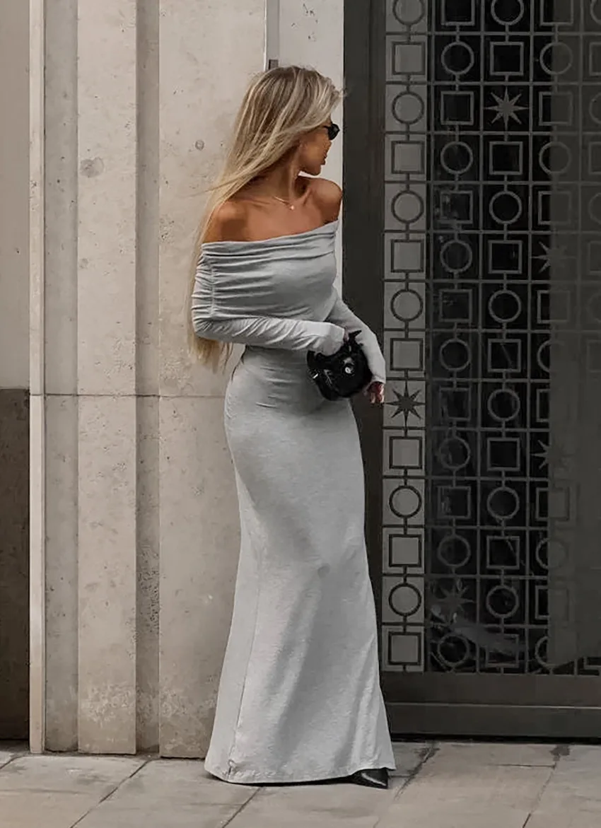 Fashion Autumn Knit Long Dress Women's Off-Shoulder Patchwork Ribbed High Waist Slim Ladies Dress Knitwear Elegant Dress