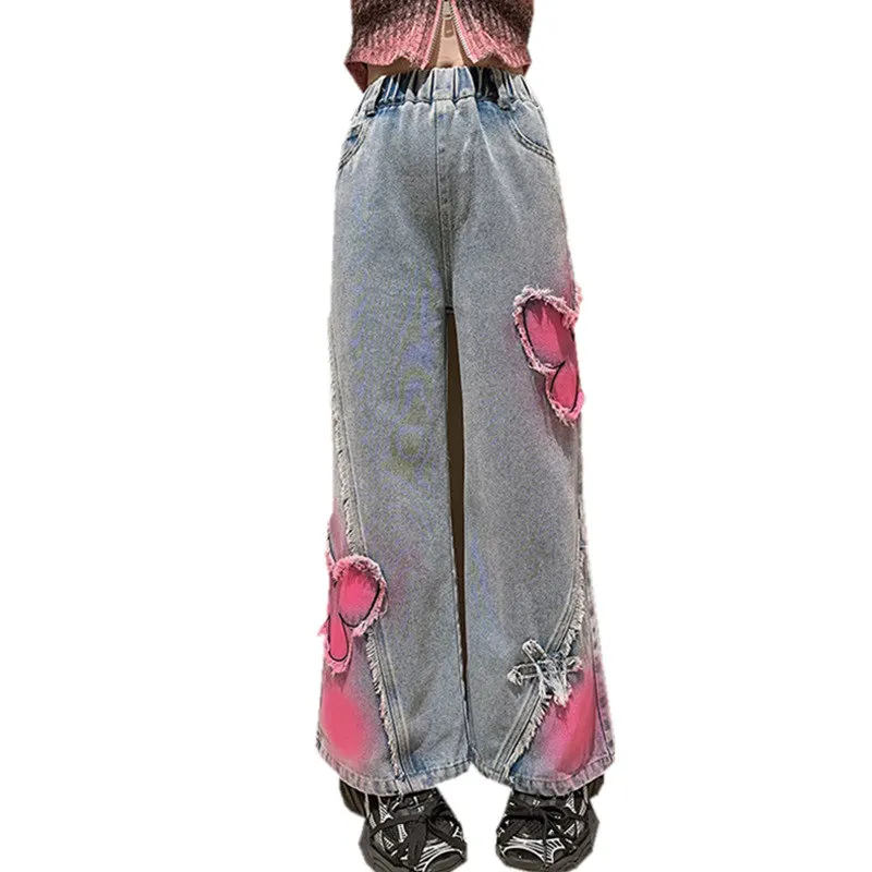 

2024 Big Hot Deals Girls Fashion Spray-Painting Butterfly Denim Wide Leg Pants High Waist Korea Style Long Jeans Teens Trousers
