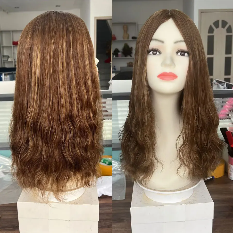 Bottom Wave Silk Top Wig Honey Brown Highlight Jewish Wig 20inch In Stock Small Layer Silk Top Kosher Wigs For Women Middle Part