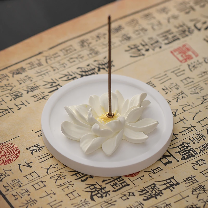 Gypsum Lotus Flower Fragrance Base Ornaments, Home Indoor Zen Tea Ceremony Decor, Chinese Style Small Incense Burner Holder, 1Pc