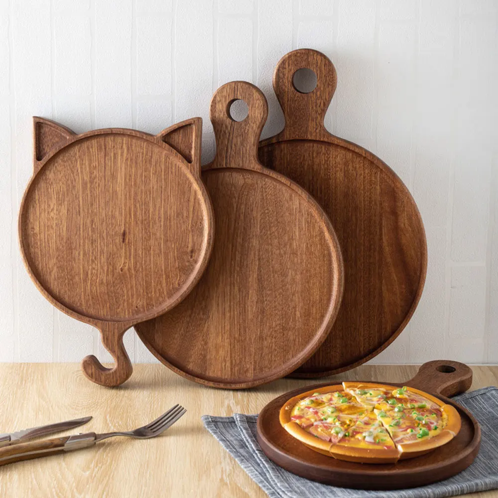 Wooden Pizza Board Wooden Tray Round Cat Shape Pizza Plate Western Bread  Steak Cake Pizza Plate Bottom Tray - AliExpress