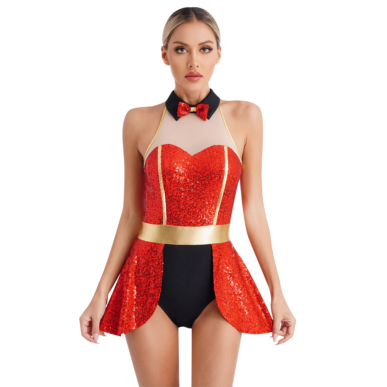 

Sexy Womens Circus Ringmaster Leotard Dress Shiny Sequin Bowtie Keyhole Sleeveless Skirted Bodysuit Clown Cosplay Stage Costumes