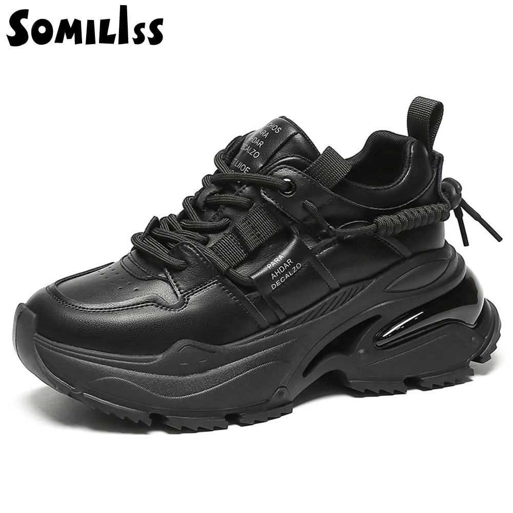 

SOMILISS Women Causal Sneakers Genuine Leather Lace-Up Round Toe Chunky Sneaker Designer Brand Lady Fashion Platform Shoes