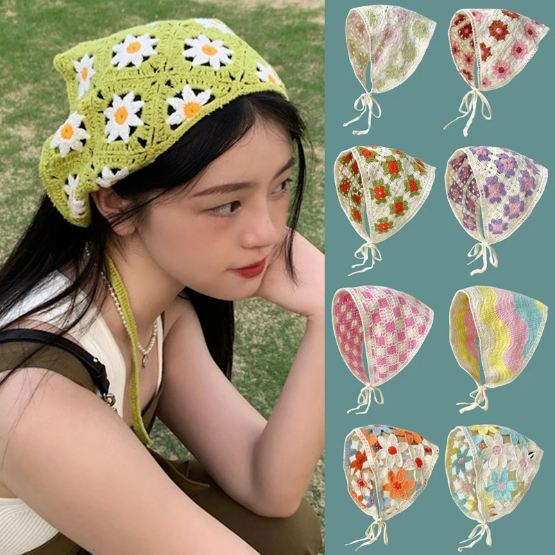 

Bohemia Handmade Headscarf Sweet Crochet Knitting Triangle Headband French Daisy Floral Print Head Wrap Elegant Hair Accessories