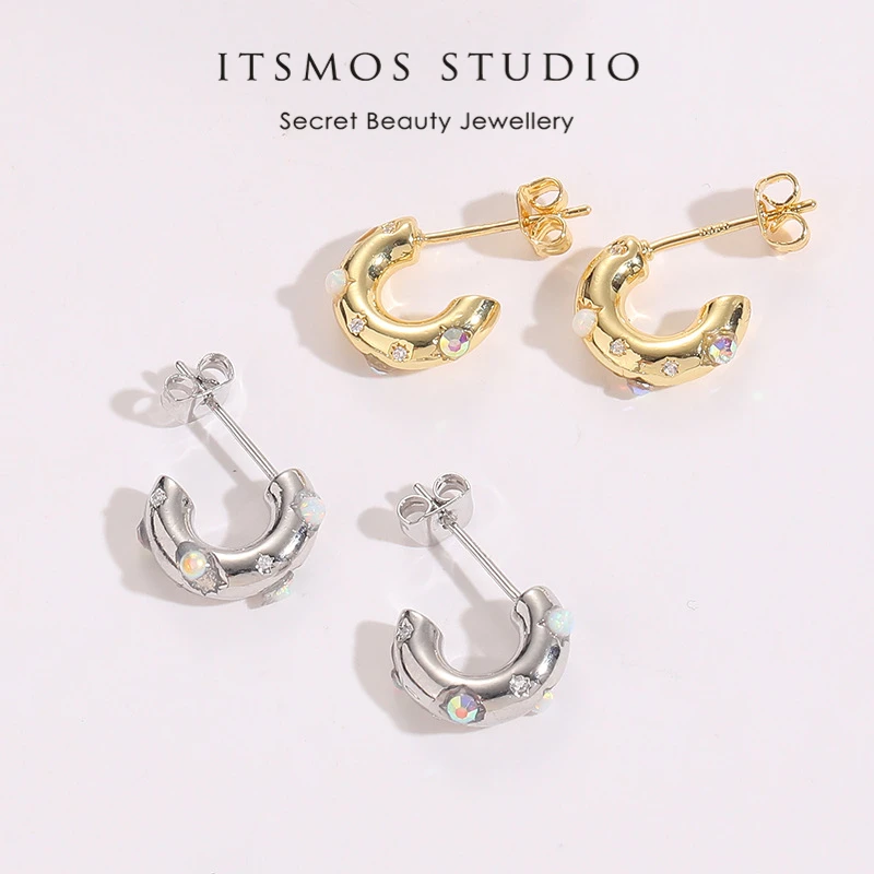 

ITSMOS C-shaped Opal Zircon Earrings Silver Circle Geometric Hoop Earrings Natural Stone Studs Earrings For women Jewelry GIfts