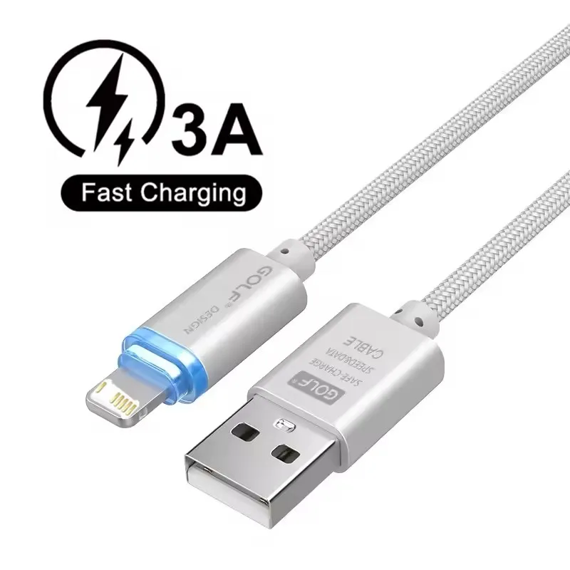 스마트 LED 고속 충전 USB 케이블 (아이폰 6, 6S, 7, 8 플러스, X, XR, XS 맥스, 11, 12, 13 미니, 14 프로 맥스, SE 2020 호환) 나일론 편조 데이터 케이블