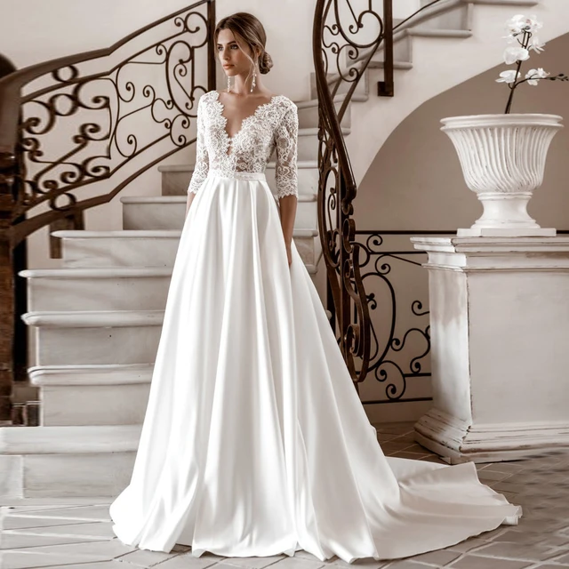 Pearls Elegant A Line Wedding Dress Long Sleeves Sheer Neck Bridal Gowns  Custom Made Back Button V Neck Vestido de novia - AliExpress