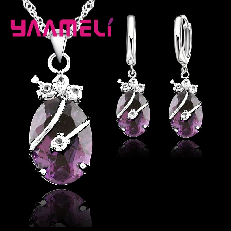 Jewelry Sets For Women 925 Sterling Silver Crystal Stone Pendant Charms Wedding Necklace Hoop Earrings